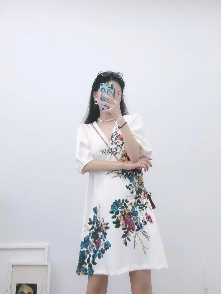 Европа и США 2019 осень новая Женская мода Ретро пышные рукава цветочный принт