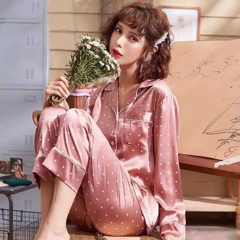 Women Silk Satin Lapel Long Sleeve Pajama Set Autumn Winter Lady Sleepwear Fashion Simple Dots Silk Blacktrousers Set
