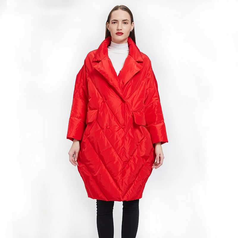 [EAM] свободный крой, большой размер, более размер, пуховик, новинка, с отворотом, длинный рукав, теплая Женская парка, модная, Осень-зима, 1A374
