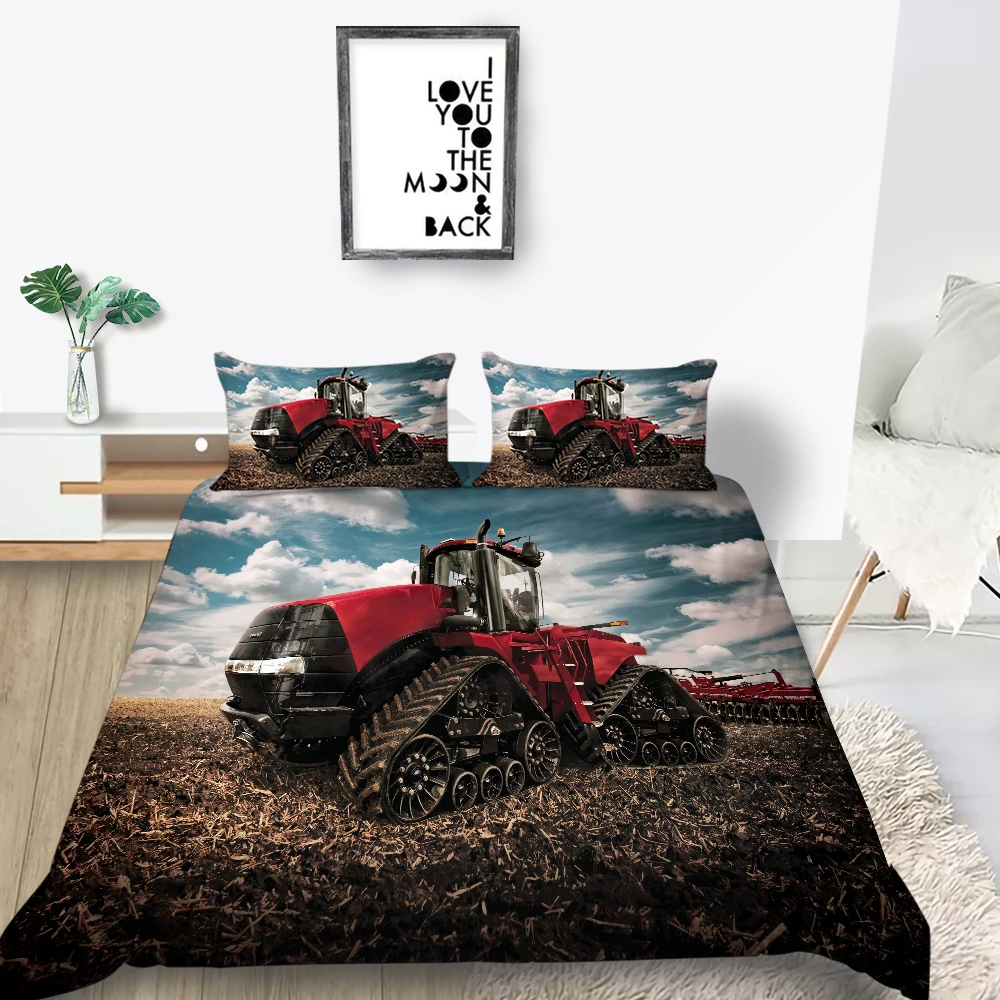 Red Tractor Bedding Set Single Cool Blue Sky Duvet Cover King Twin Full Double Queen 3D Lifelike Bed Set For Boys