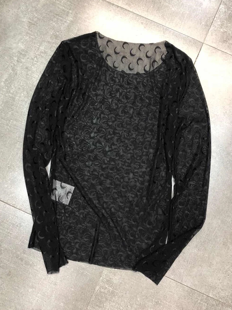 

Free shipping round neck pullover print moon pattern hollow transparent elastic mesh long sleeve T-shirt ladies summer new wild