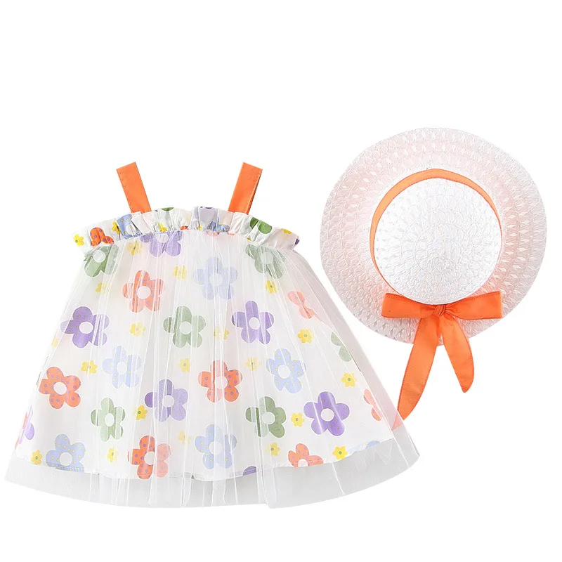 Summer New baby Sweet Flowers Cotton Dress + Bow Hat Girls Sleeveless Princess kids girl cloths |