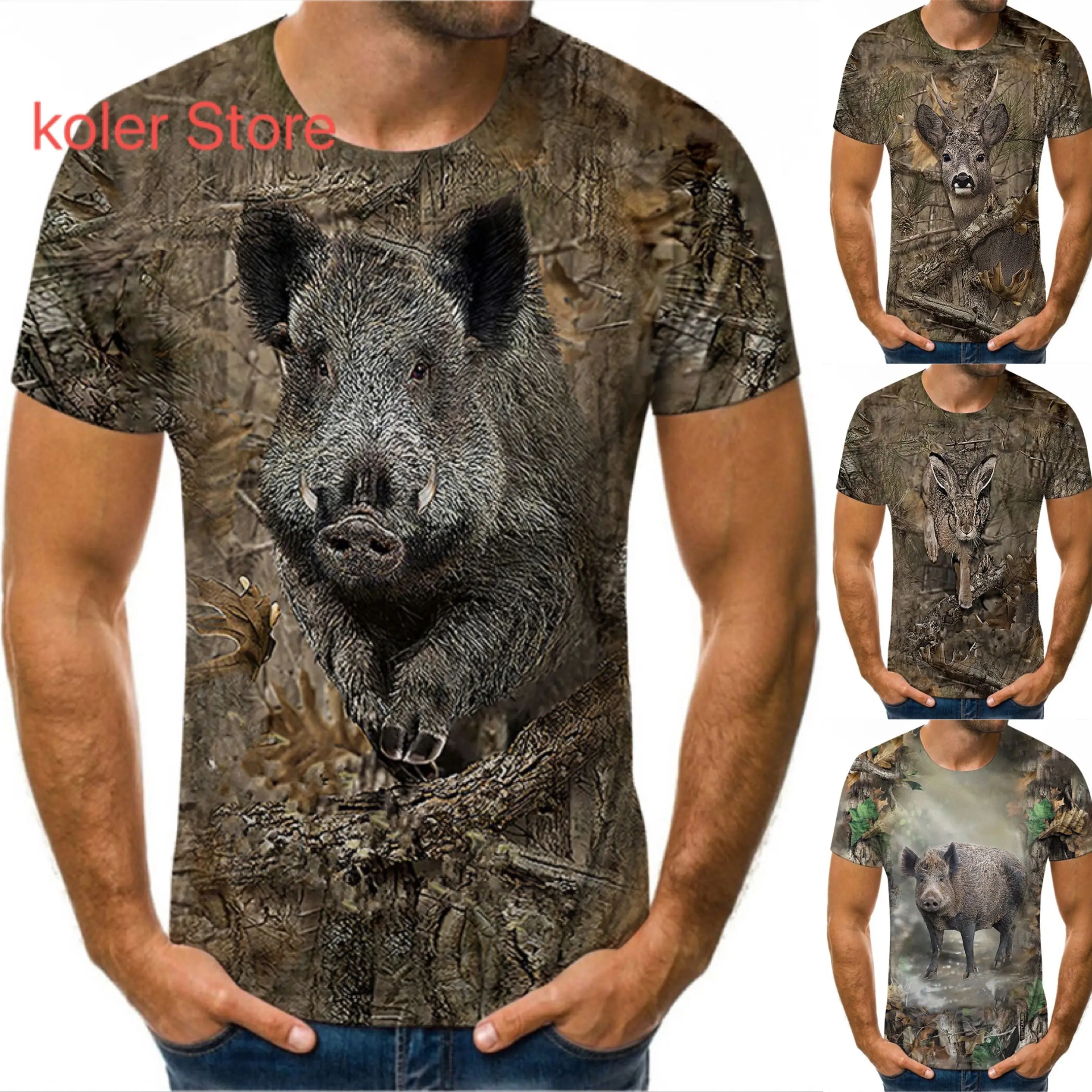 

Camouflage hunting animals wild boar 3D T-shirt summer leisure men's T-shirt fashion street women's pullover short sleeve jacket