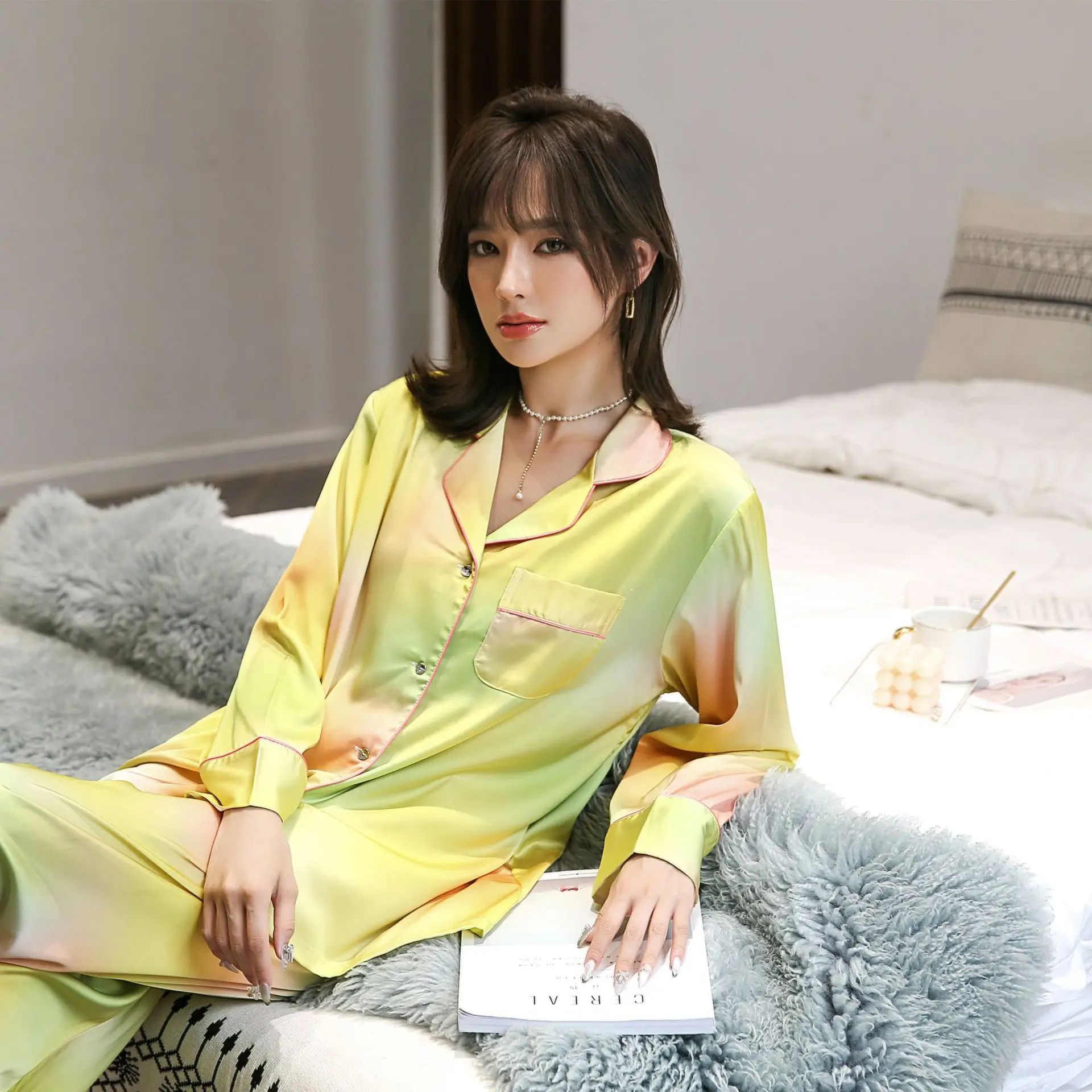 

Satin 2PCS Sleepwear Women Gradient Pajamas Set Lapel Sleep Set Female Silky Pyjamas Suit Casual Shirt&Pants Loose Home Clothes