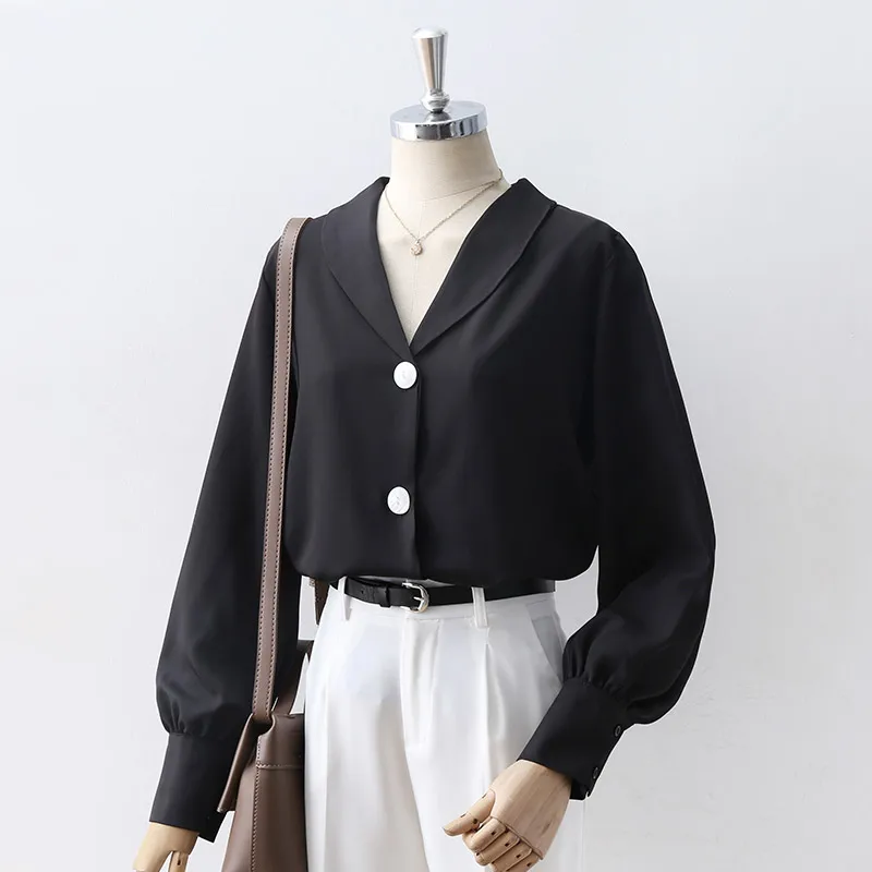 Casual Solid Female Shirts Outwear Tops 2019 Autumn New Women Chiffon Blouse Office Lady V-neck Button Loose Clothing |
