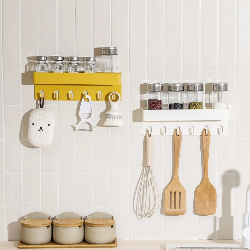 

Punch-free Wall-mounted Rack With Hooks Bathroom Toilet Washstand Towel Storage Bath Wall-mounted Storage Rack Home Supplies 1pc