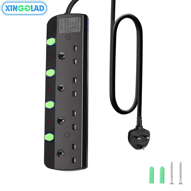 

UK Plug Power Strip Surge Protection 3/4/6 Way Outlet 13A Fuse Electrical Extension Socket Independent Control Switche 2/3M Cord