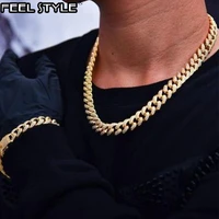 13mm iced out paved rhinestones 1set full miami curb cuban chain cz bling rapper necklaces for men hip hop jewelry