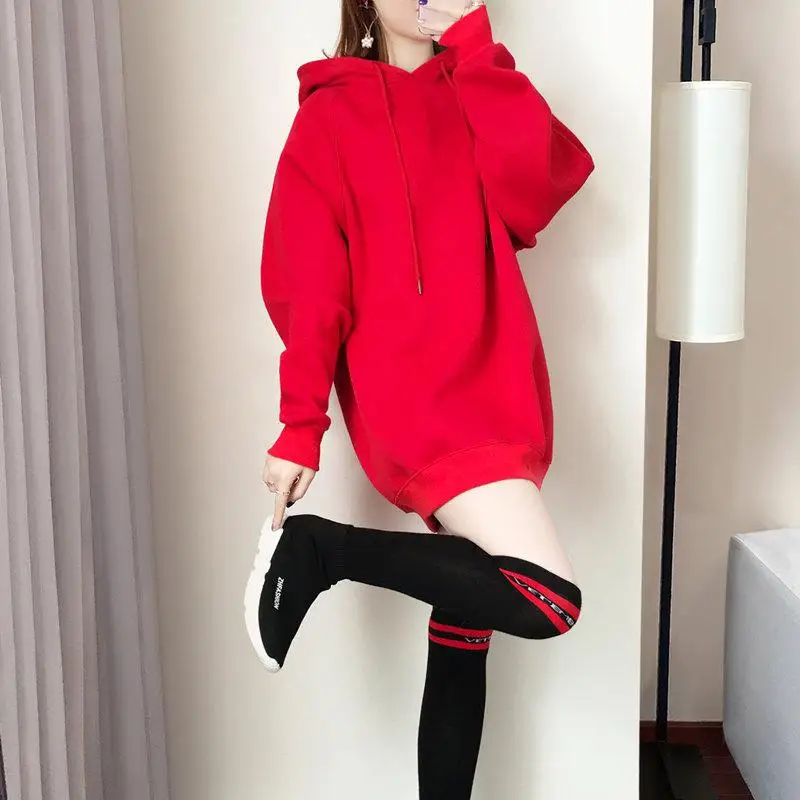 

Осенне-зимний Женский свитшот, уличная одежда, Дамская Толстовка средней длины, утепленный однотонный Свободный свитшот большого размера, ...