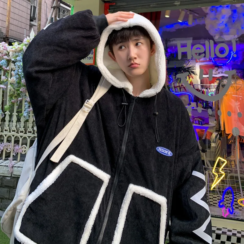 

Мужская однотонная куртка с капюшоном, Повседневная Свободная плюшевая хлопковая Молодежная куртка цвета хаки с надписью и карманами, зима...