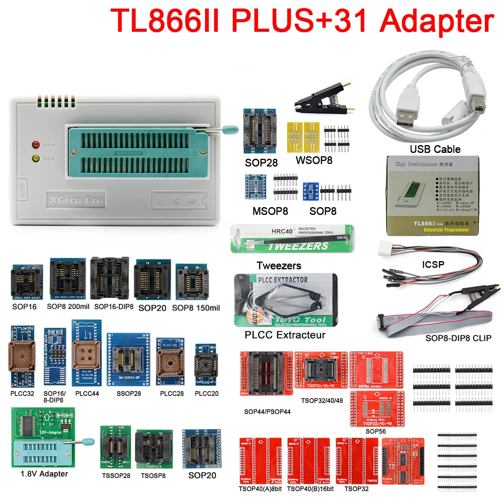 

TL866II Plus Universal Minipro USB Programmer TL866 Nand Flash AVR PIC Bios with 37 PCS Adapter Mini Chip High Programming Speed