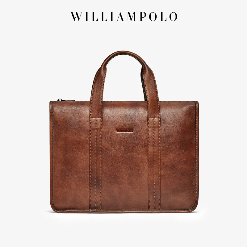 

WilliamPOLO Men Briefcase Genuine Leather Laptop Bag 15.6" Computer Bag Cowhide Male Briefcase Cow Leather Men Bag