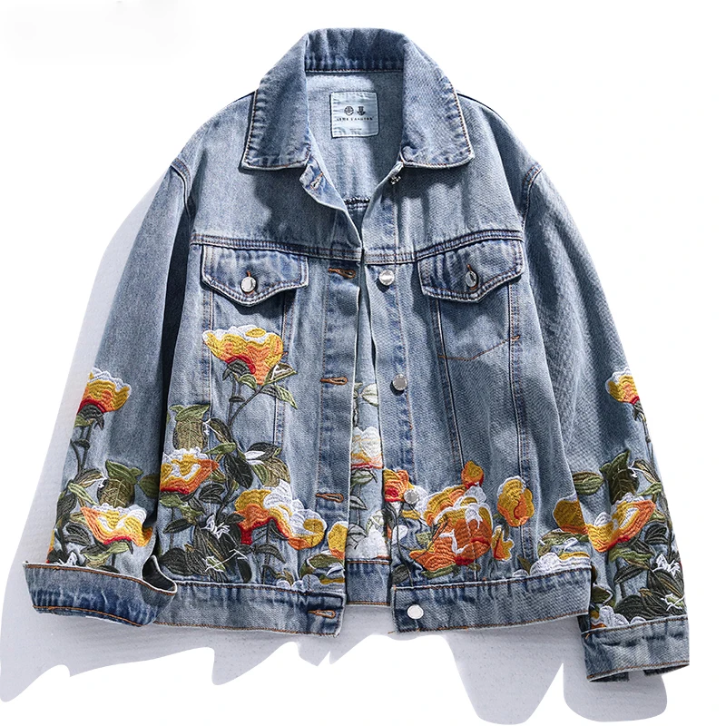 

Spring Autumn Embroidered Flower Jeans Jacket Women Loose Short Coat Denim Basic Jacket Vintage Casual Outerwear Femme 2021 New
