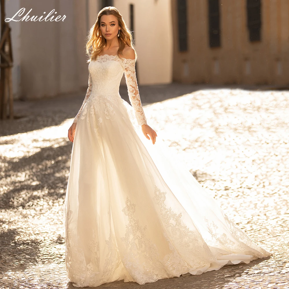 

Женское ТРАПЕЦИЕВИДНОЕ свадебное платье с вырезом лодочкой, кружевной аппликацией и длинными рукавами