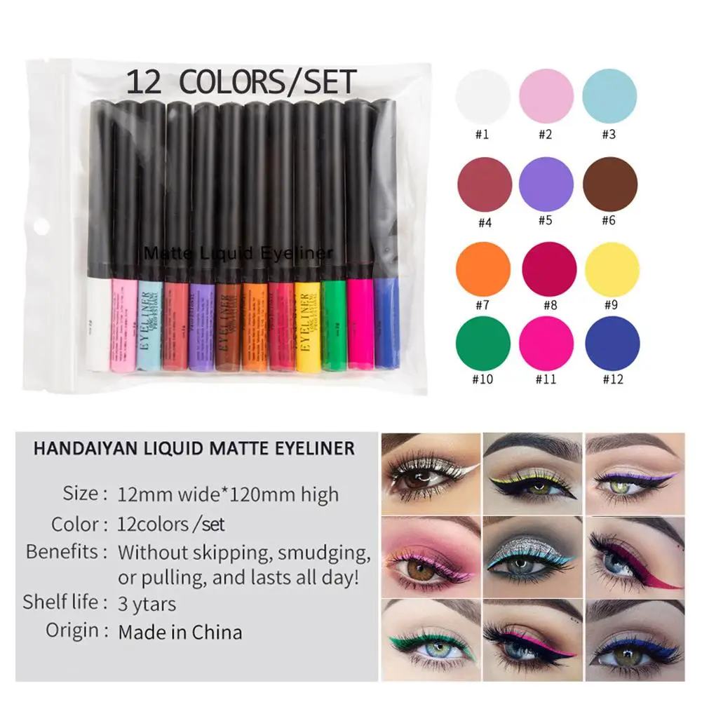 

HANDAIYAN 12 Colors/pack Matte Color Eyeliner Kit Makeup Waterproof Colorful Eye Liner Pen Eyes Make up Cosmetics Eyeliners Set