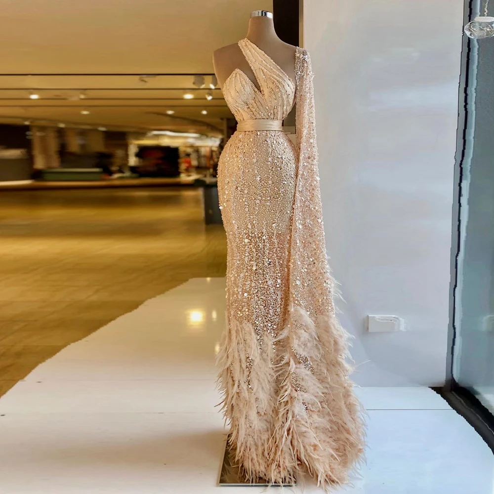 

Mermaid Gold One Shoulder Evening Dresses Gowns Luxury Feather Beading Elegant Sexy For Women Party