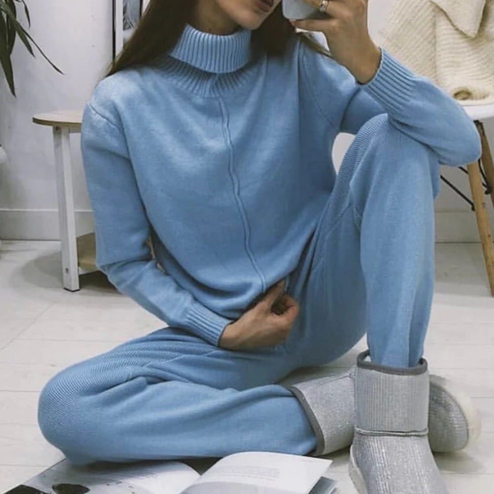 

Women Sweater Two Piece Knitted Sets Tracksuit Autumn Turtleneck Sweater Lace Up Sweatpants Suit 2020 Female Casual Streetwear