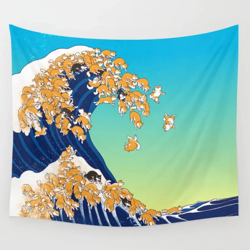 

Shiba Inu In Great Wave Tapestry Wall Hanging Trippy Tapestries for Living Room Home Dorm Fantasy Boho Decor Gift