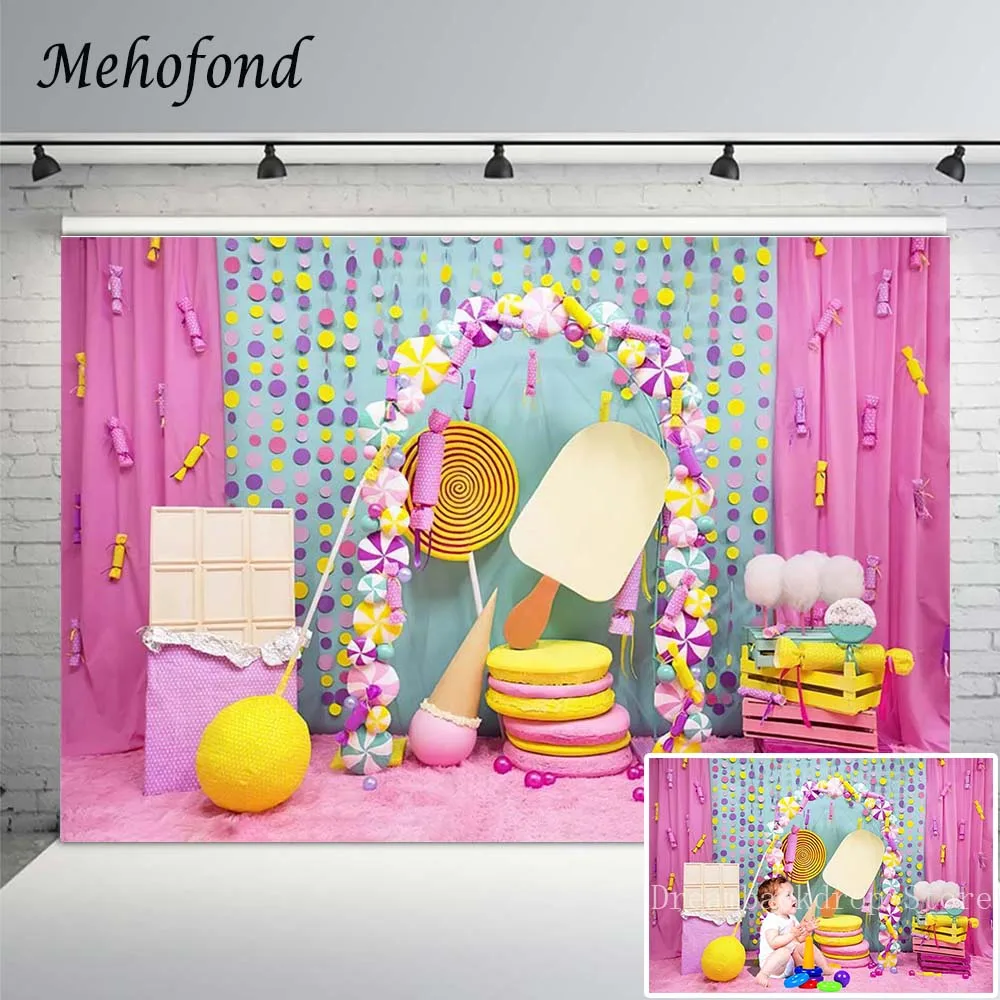 

Photography Background Ice Cream Candy Cake Smash Baby Birthday Party Photozone Backdrop Pink Curtain Photo Studio Photophone