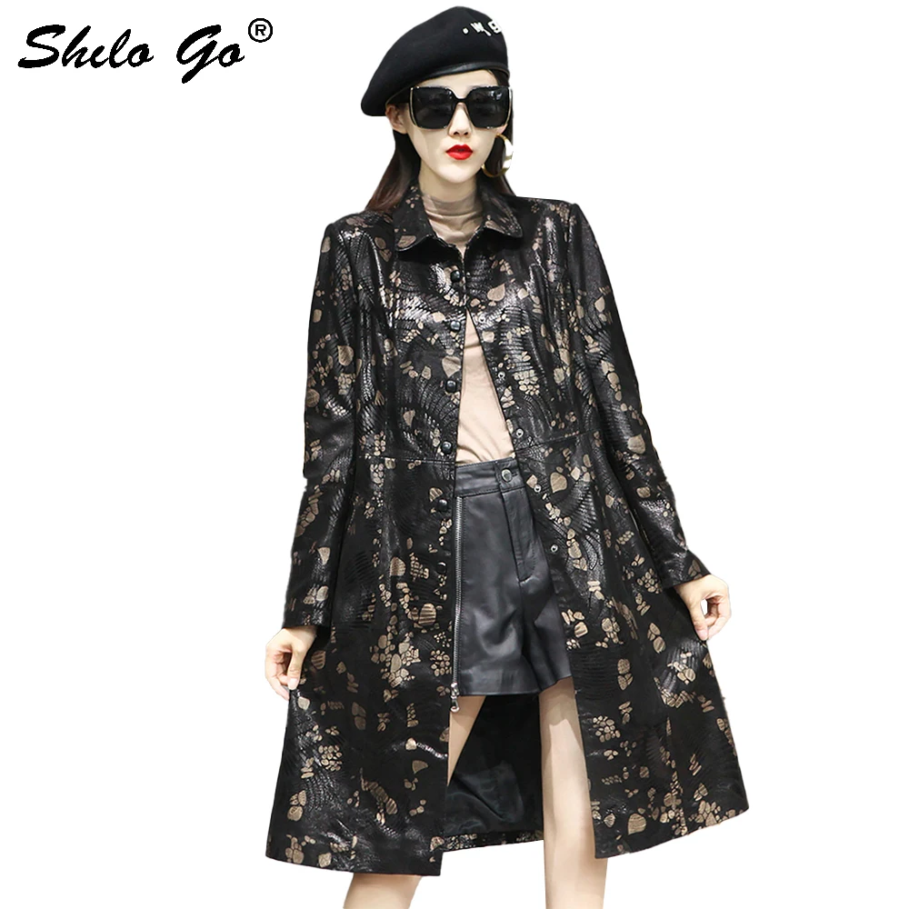 

Elegant Turn Down Collar Floral Printed Zipper A Line Knee-Length Coat Women Streetwear Genuine Leather Coat Sheepskin Outwear