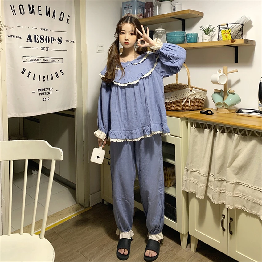 

Pajamas for Women Set Mori Girl Ruffle Peter Pan Collar Renaissance Top Trousers with Lace Patchwork Sweet Vintage Nightgown