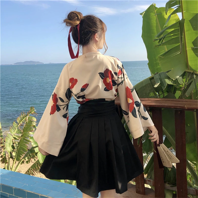 2019 Kawaii японский стиль летнее модное кимоно с цветочным принтом Haori для девочек