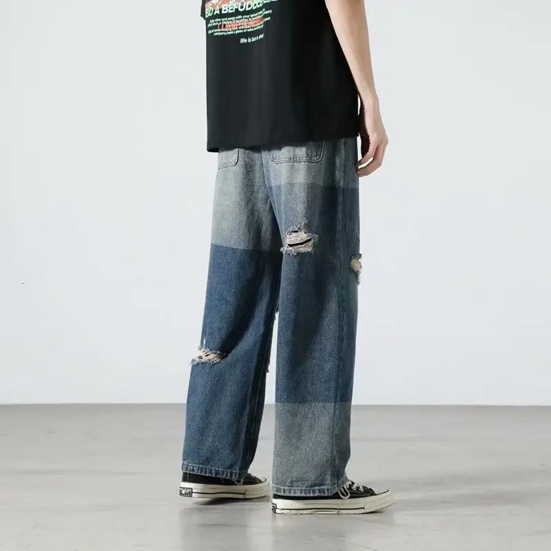 Ripped Wide-leg Jeans Men's Fashion Retro Baggy Harajuku Jeans Men Streetwear Loose Hip-hop Hole Straight Denim Trousers Mens