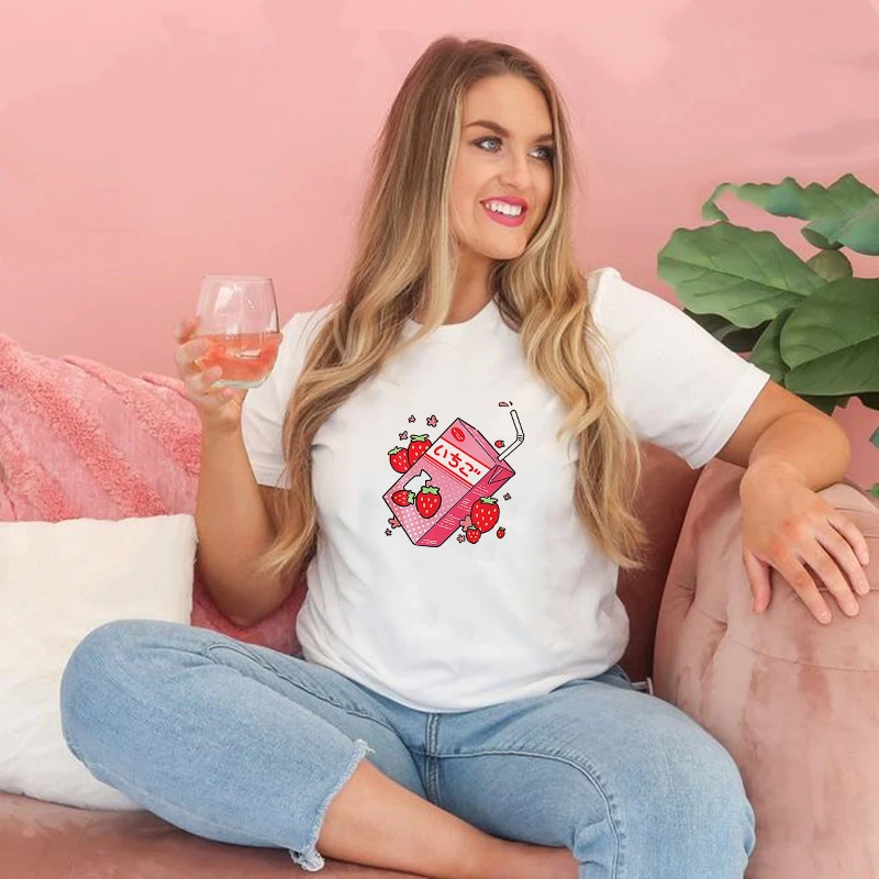 

Strawberry Juice Graphic Print T-shirt Women 2021 New Summer Fashion Tshirt Tees Harajuku Aesthetic Kawaii Tops Female T Shirts