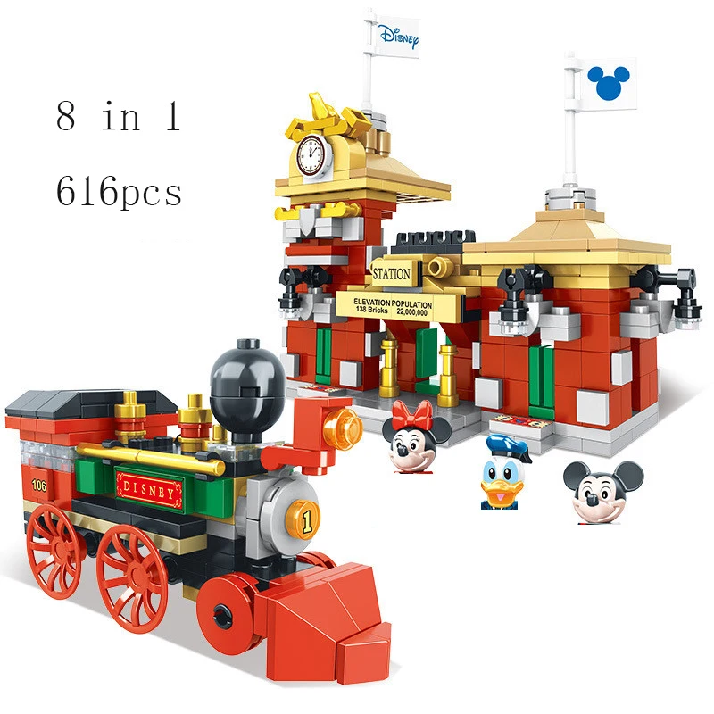 

New Disney Small Building Blocks Toys Train Station Mickey Minnie Duck Model Blocks For Girls Boy Children Toy Birthday Gift