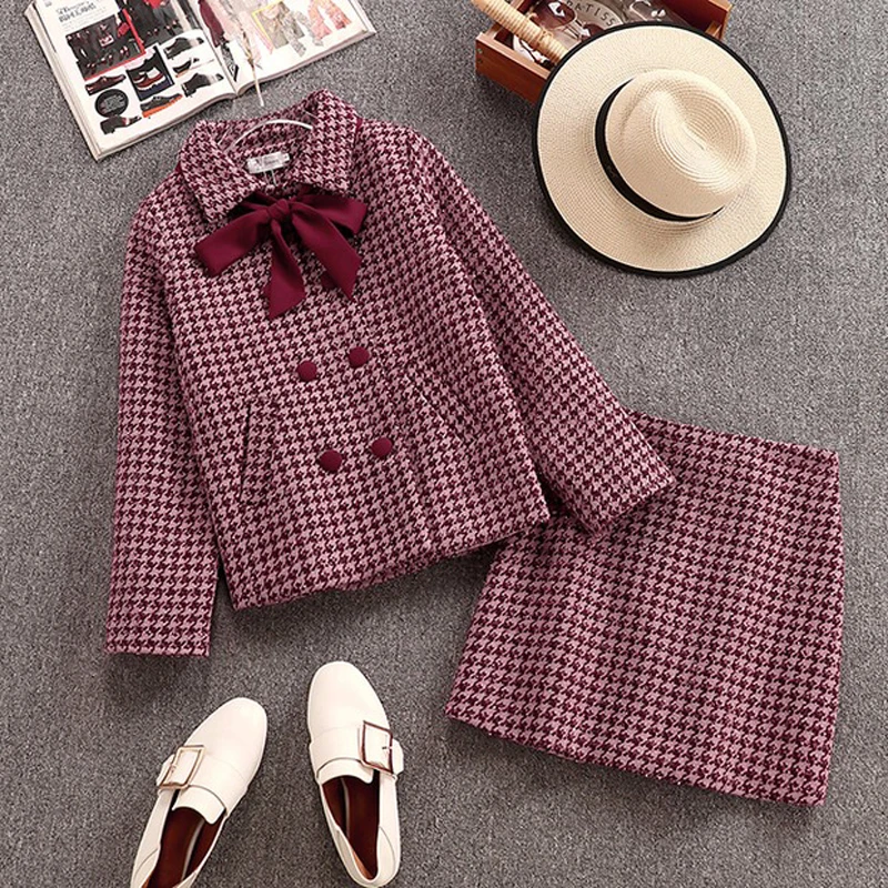 Модные женские шерстяные теплые комплекты костюм с юбкой карандаш костюмы