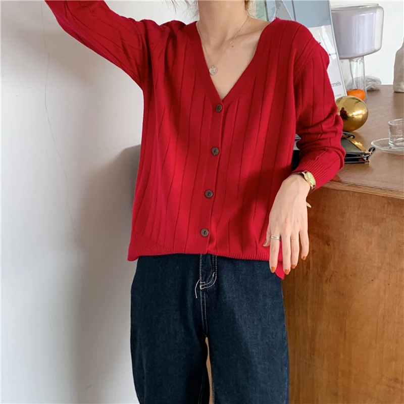 

Knitted Casual Autumn V-Neck Cardigan Women Simple Elegant Vintage Female Outwear Single Breasted Solid Lazy Ins New W164