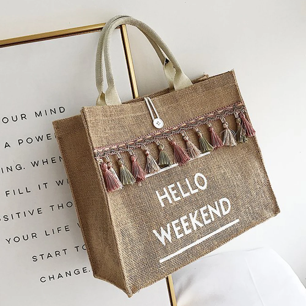 

Women Linen Letter Handag Female Large Capacity Top-handle Tote Bag Ladies' Shoulder Shopping Bag Summer Beach Shopping Bag