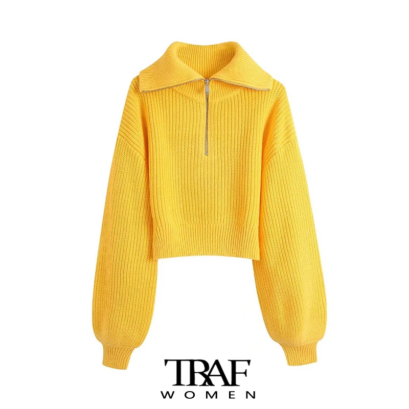 

TRAF Women Fashion Front Zip Crop Knit Sweater Vintage High Neck Lantern Sleeve Female Pullovers Chic Tops
