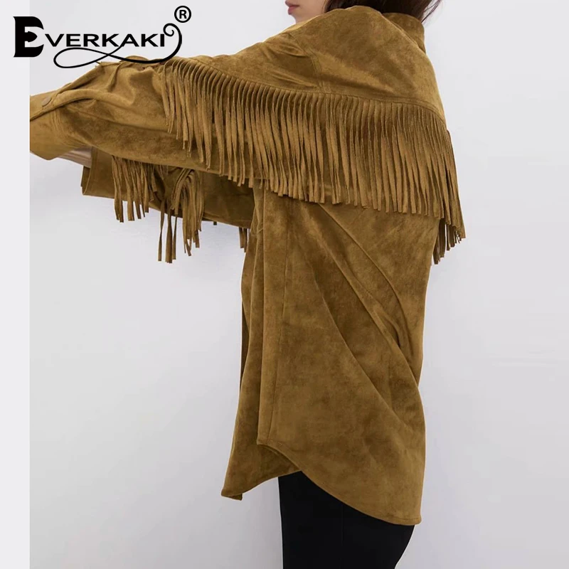 Everkaki/замшевая богемная куртка с кисточками пальто для женщин сезон осень Длинные