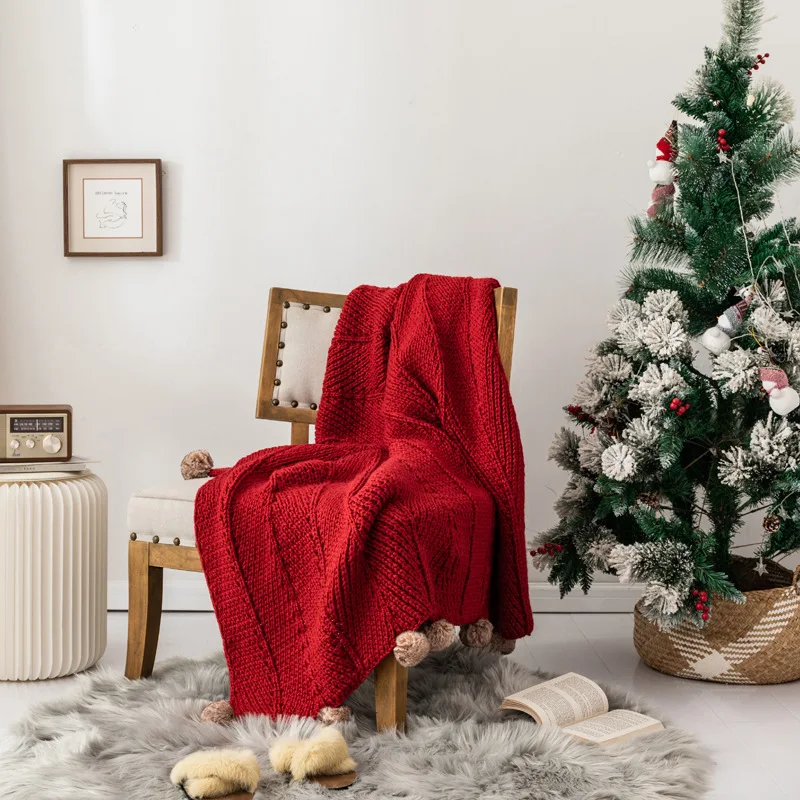 

Christmas red decorative blanket Nordic knitted sofa bed blanket wool blanket shawl lunch break blanket Light luxury