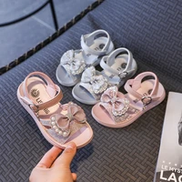 2022 summer girls with bow pearls cute princess sandals chic for beach soft flat hook loop solid sweet kid fashion shoes 26 37