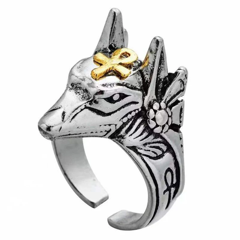 

Vintage Anubis Ring Men's Self-defense Egyptian Grim Reaper Cross Jackal Head Ring
