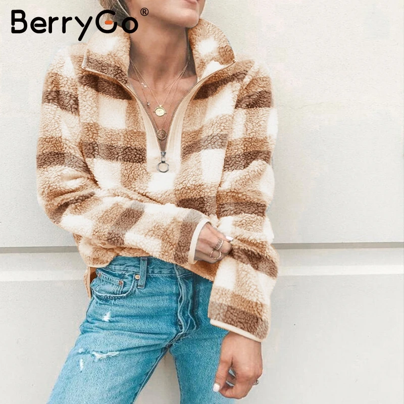 Женская водолазка BerryGo клетчатая кофта на молнии с длинным рукавом Повседневная