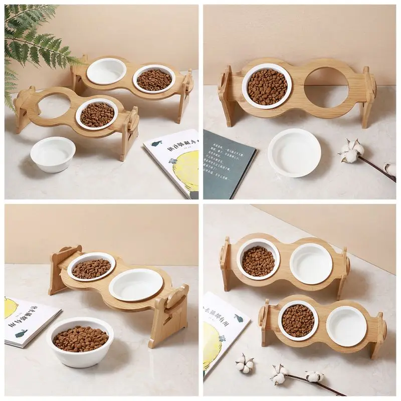 

Raised Pet Bowls Cats And Dogs, Adjustable Bamboo Elevated Dog Cat Food And Water Bowls Stand Feeder With 2 Ceramic Bowl