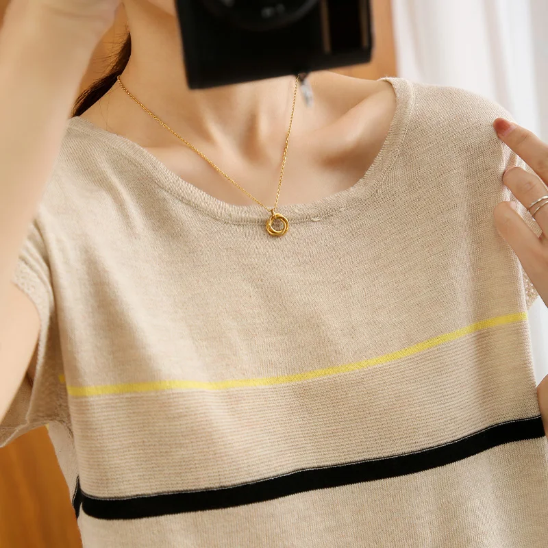 

Lafarvie Wool Blend T-Shirt Femme Summer Green Tops For Women 2021 Ubrania Damskie O Neck Short Sleeve Tees Striped Casual Loose