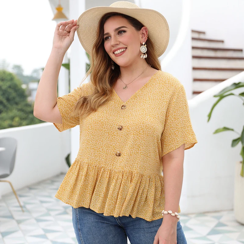 GIBSIE с винтажными пуговицами спереди принт женские топы и блузки размера плюс