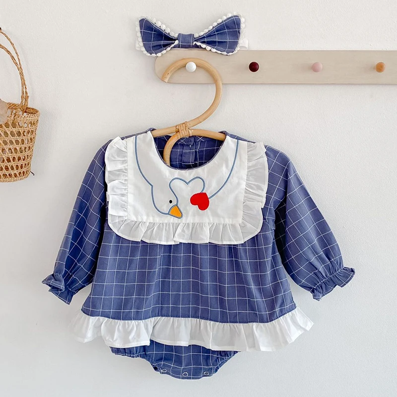 

Korean Style Toddler Baby Girl Cotton Long Sleeve Bodysuits Autumn Infant Baby Girls Lattice Cartoon Jumpsuit One piece Outfit