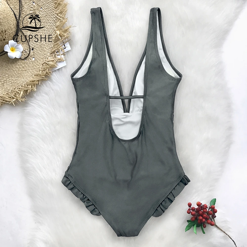 CUPSHE сплошной серый Цельный купальник сексуальный с открытой спиной Глубокий v