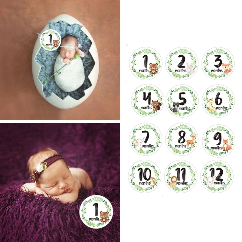 

12 Pcs/Set Newborn Milestone Memorial Month Stickers Floral Baby Monthly Stickers Photography Commemorative Card