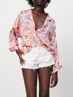za summer new womens sweet and wild youth temperament holiday style retro floral print satin shirt top