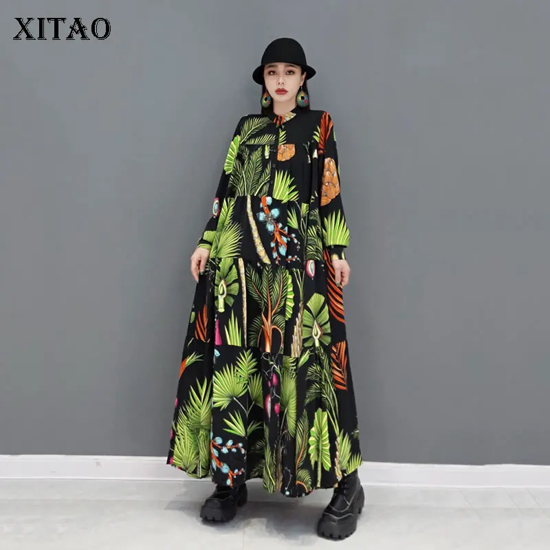 

XITAO, винтажное платье с принтом, контрастный цвет, платье-рубашка, свободное, модное, простое, темпераментное, для женщин, Осень-зима, GWJ1243