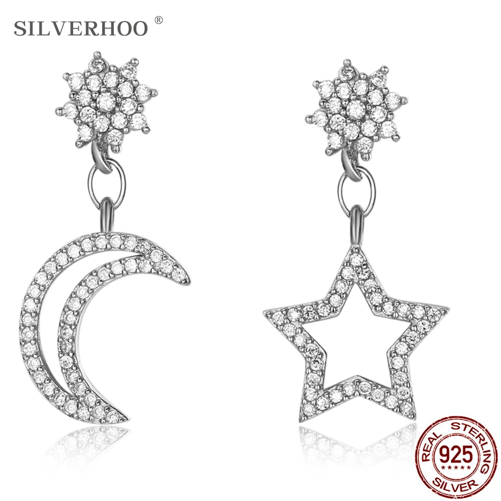 

SILVERHOO 925 Sterling Silver Drop Earrings For Women The Stars And Moon Design Inlay Zircon Earring Party Fine Jewelry Hot Sale