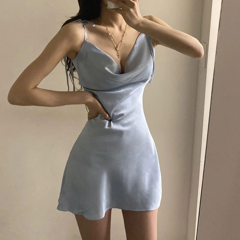 

Summer Women's dress 2021 Solid Color Satin Suspender Sleeveless Sexy Dress New Arrival Fashion Casual Vestido De Mujer