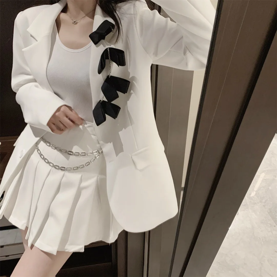 

TVVOVVIN Fashion Streetwear Female Diamonds Coat New Single Breasted Spliced Bow Straight Mid-length Blazer XI3E