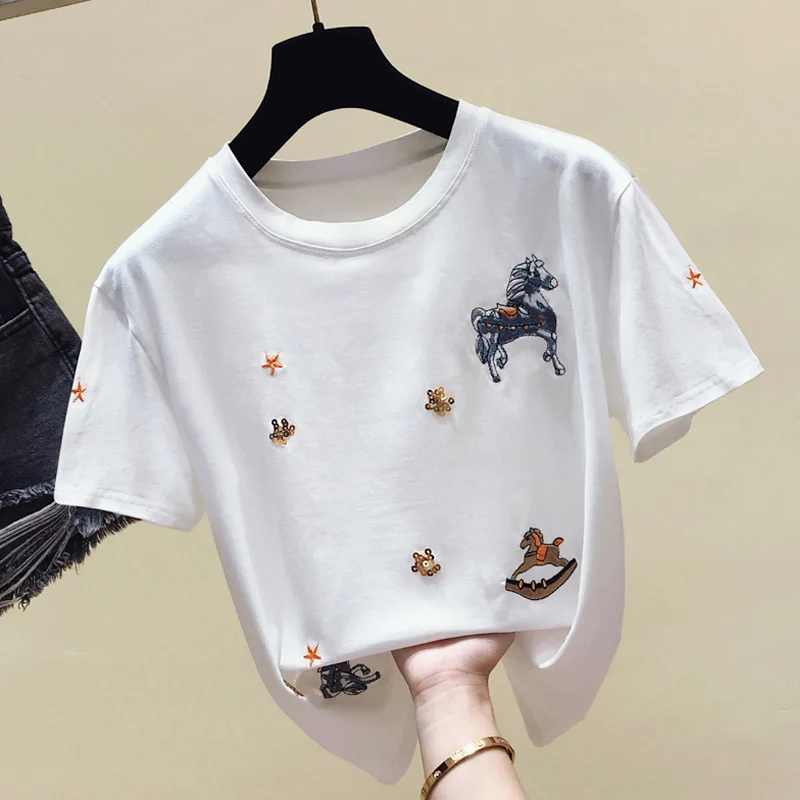 Plus Size Tshirt Women Large T-shirts New Summer Short-Sleeved College Wind Loose-Fit Crew Neck Tee Top | Женская одежда